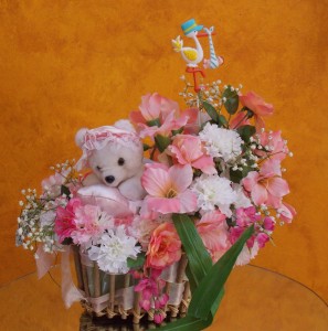 FLOWERS AND BEAR IN BASKET.. WELCOME BABY GIRL